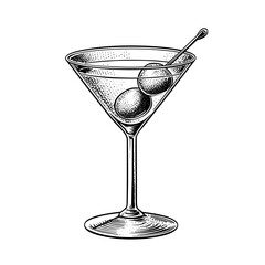 Martini glass with olives on stick in vintage engraving style  