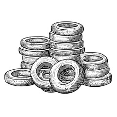 Vintage engraving of stacked and scattered onion rings  