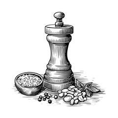 Vintage pepper grinder with scattered spices and herbs  