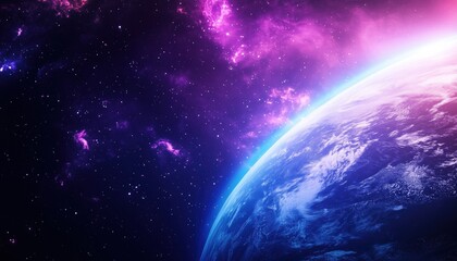 Obraz premium Stunning Cosmic View Of Earth And Space, Radiating Purple And Blue Hues In Vibrant Image. Harmony Of Earth And Space.
