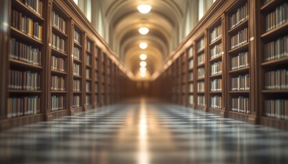 Fototapeta premium Serene Library Corridor With Blurred Bookshelves Encourages Quiet Contemplation And Study In A Peaceful Atmosphere.