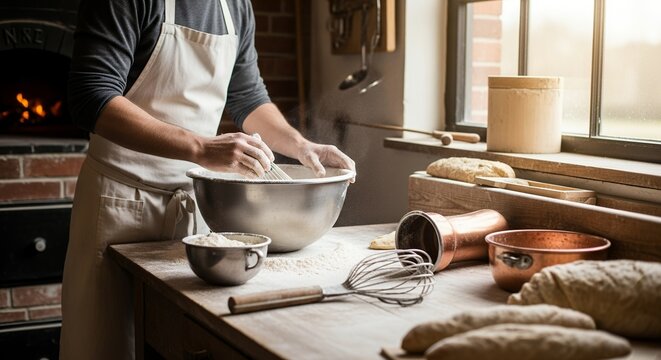 Male baker mixing ingredients in a metal bowl on wooden table in a rustic kitchen, concept for culinary blog, baking workshop and artisan bread recipe.