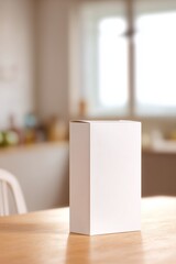Blank white cereal box mockup on wooden table. Perfect for breakfast food branding, packaging design, healthy organic products. Clean minimal style for commercial use.