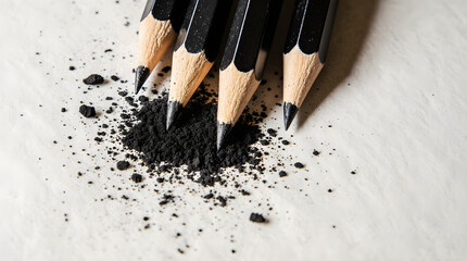 Two sharpened pencils breaking, scattering graphite powder on white paper