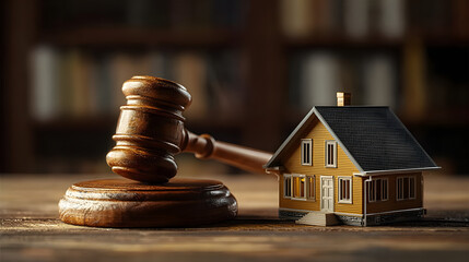 Juge en bois et maison miniature symbolisant le droit immobilier dans un bureau