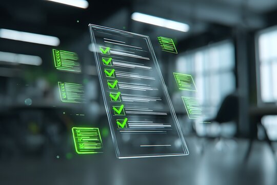 Digital checklist complete with green checkmarks in modern office, progress tracking concept