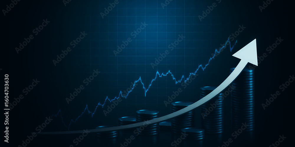 Poster an upward trending line graph with a white arrow pointing up on a dark blue background
