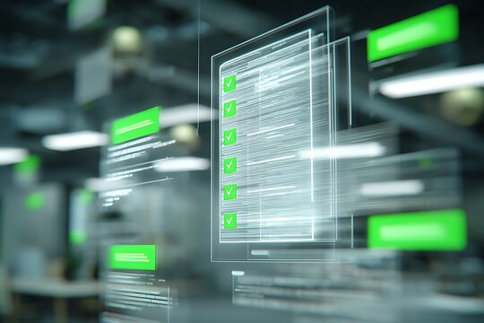 Digital checklist progress with glowing green checkmarks on futuristic interface, business success