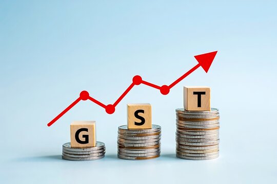 Rising GST rates visualized with stacked coins and upward trend graph, symbolizing economic growth and financial planning.