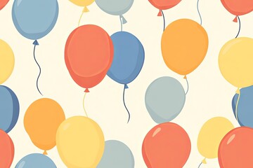 Multiple balloons in muted pastel colors of orange, yellow, blue, and gray floating with tied strings on light beige background. Repetitive pattern composition. Party and celebration concept for desig