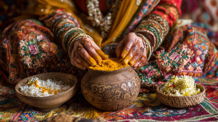 Kalasha Puja, Woman preparing Kalasha with turmeric, kumkum, and rice during Vedic ritual, close-up of hands