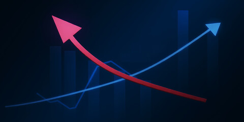 Fototapeta premium Red and blue upward trending arrows on a dark background with vertical bars and lines graph