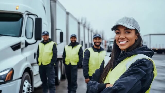 Truck drivers and logistics team at international transportation hub ready for the next journey