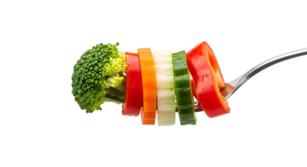 A fork holding a colorful assortment of sliced vegetables    .ai generative, transparent background, white background. isolated on white background