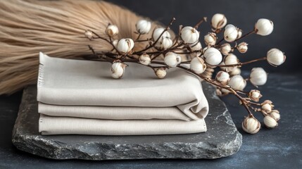 Elegant neutral fabric with cotton stems on stone backdrop