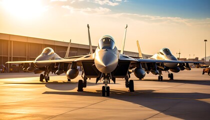 Military jets lined up on tarmac at sunset