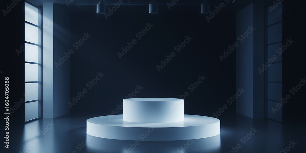 Poster illuminated circular platform in dark room with window and overhead lighting fixture setup