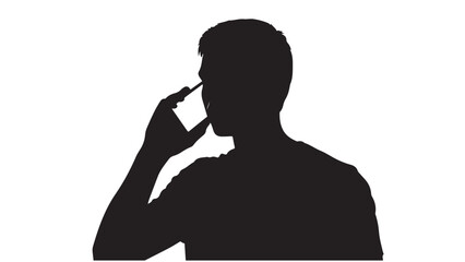 Silhouette of a man with his cell phone near his face, black and white vector.
