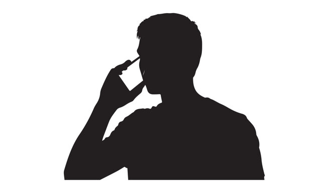 Silhouette of a man with his cell phone near his face, black and white vector.