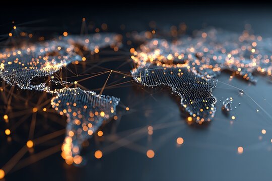 Global network connections illuminate world map with vibrant digital data streams