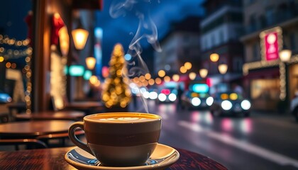 Steaming latte art in a cafe, night scene, bokeh Christmas lights, city street blur,  urban,  steam