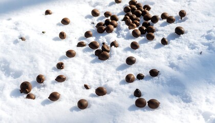 Brown objects scattered on snow