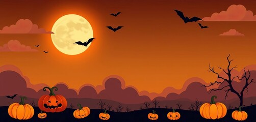 Orange sky, full moon, paper cut clouds, bats, pumpkins Halloween banner background,  sky,  whimsical