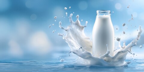 Refreshing milk bottle amidst lively splash, capturing essence of freshness, purity, natural goodness. Ideal for food, dairy, health, and beverage advertising, symbolizing vitality and clean living.
