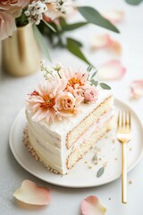Wedding cake slice with edible flowers on plate, golden fork, floral decor, cake slice presentation