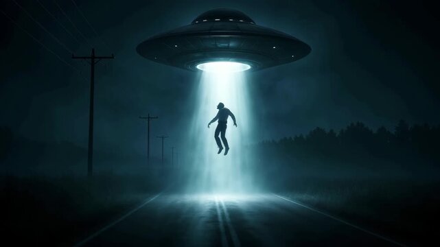 A mysterious scene with a UFO hovering above a dark road. A silhouette of a person is being lifted into the beam of light from the spacecraft. Nighttime atmosphere. - Powered by Adobe