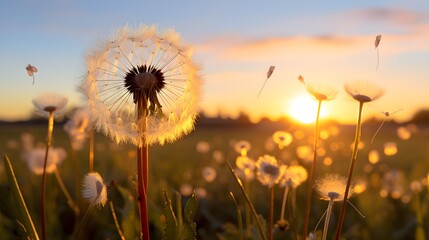 Dandelions against a golden sunset create a stunning, natural scene.