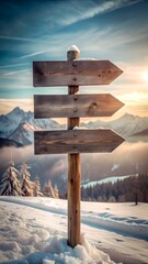 A wooden signpost stands in the snow against a mountain backdrop