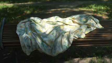 Soft Floral Blanket Draped Over Wooden Bench in Sunlit Park