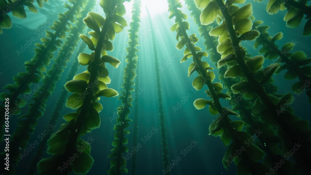 Aufkleber underwater kelp forest with sunlight filtering through, creating serene and tranquil atmosphere. vib