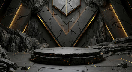 Futuristic dark stage with circular podium and dramatic golden lighting