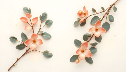 Two delicate floral branches with peach-colored blossoms and soft green leaves are arranged on a clean, white surface.