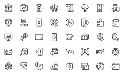 Fintech and Digital line Icon set with thin lines contain digital banking, mobile payments, cloud tech, robotics, digital wallet, app, neo bank, crowdfunding, financial innovation.