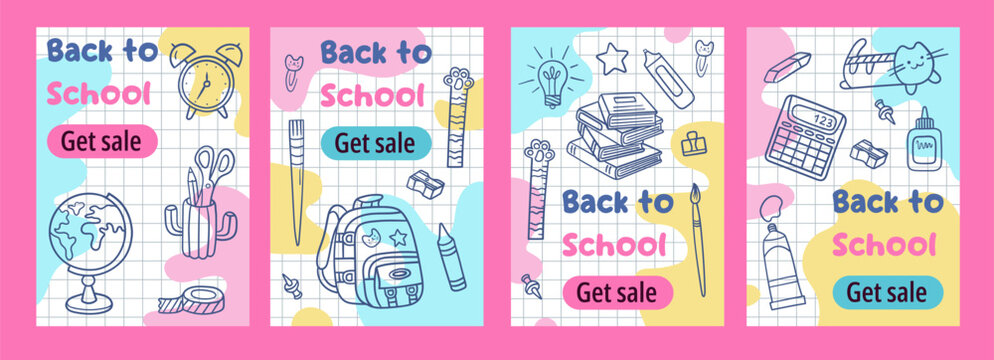Bright hand-drawn back to school card collection. Features doodle-style school supplies on a grid paper background with colorful blobs and catchy Get sale text. Perfect for educational promotions.