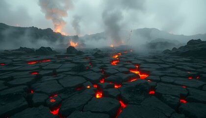 Molten lava flows across a cracked, volcanic landscape, billowing smoke and fire visible in the distance under a dark sky.