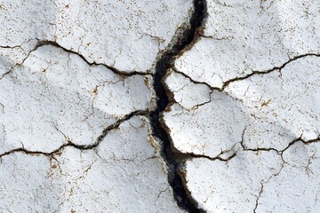 Fototapeta premium Stunning close-up of a deep crack in textured white surface showing weathered decay and rugged detail
