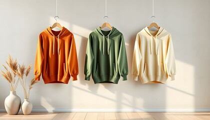Three colorful hoodies hanging on wooden hangers against a plain white wall, with decorative vases.