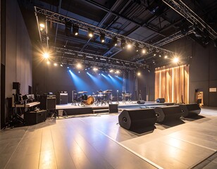 Empty concert hall interior with stage and equipment