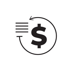 Minimalist line icon of a dollar symbol with a backward arrow and transaction lines, ideal for representing payment history, billing records, transaction logs, or financial tracking in apps.