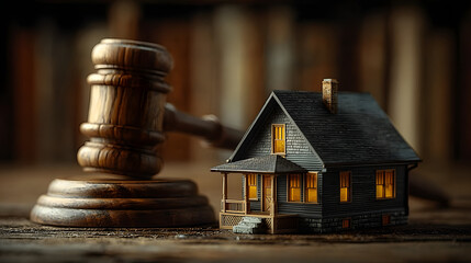 Mallette de juge avec une maison miniature illuminée sur une table en bois