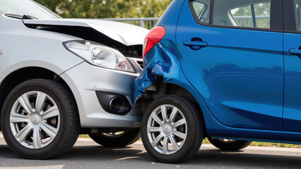 Damaged vehicles minor collision, showcasing silver car with crumpled front and blue car with dented rear. scene highlights aftermath of accident