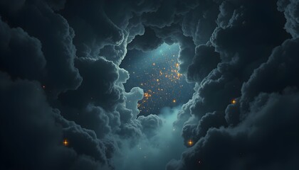 Dramatic view of dark, swirling clouds revealing a starry, illuminated sky.