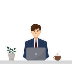 Business man working on laptop.Young man in suit, office worker with computer, hot coffee and plant pot on desk at the workplace.Vector graphic illustration cartoon.