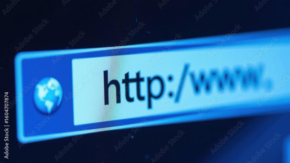 Poster close up view of web browser address bar displaying url, emphasizing digital connectivity and techno