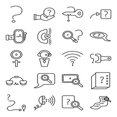 Set of help icons including question mark, support agent, information book, and live chat symbols. Designed in both solid and line style to enhance user interfaces, FAQs, and customer support pages.