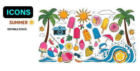 Happy Summer – Flat Kawaii Beach Icons Set